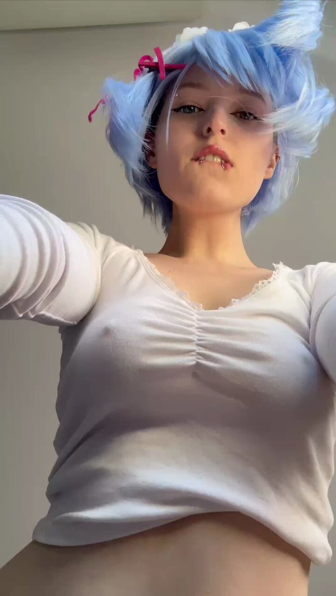 Blue cat-ear wig and a sheer white top with hard nipples (@colrios_vip)
