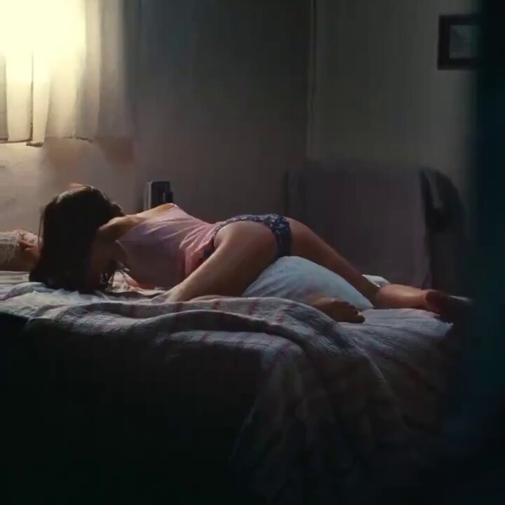 Brunette in a pink tank and patterned panties on a bed (@Lukas96615293)