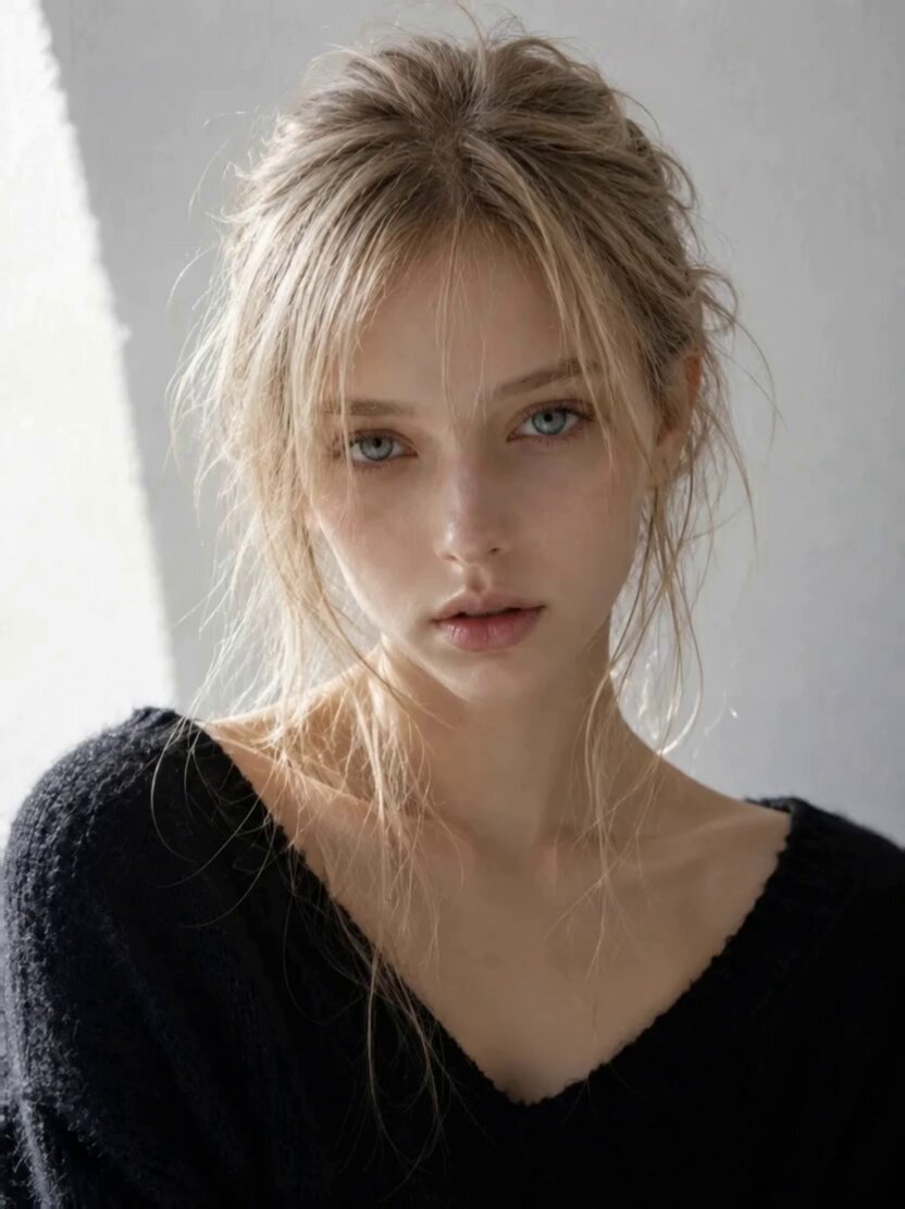 Blonde in a black v-neck sweater