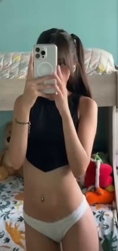 Brunette in a black crop tank and white panties taking a bunk-bed selfie (@Elythraan4)
