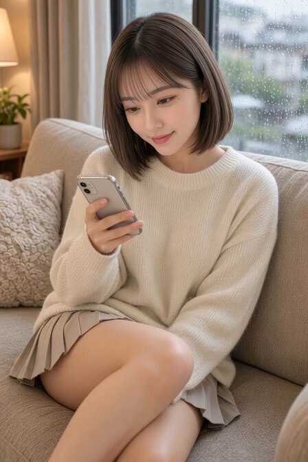 Brunette with a bob in a cream knit sweater and beige pleated mini on a sofa (@janjan22s)