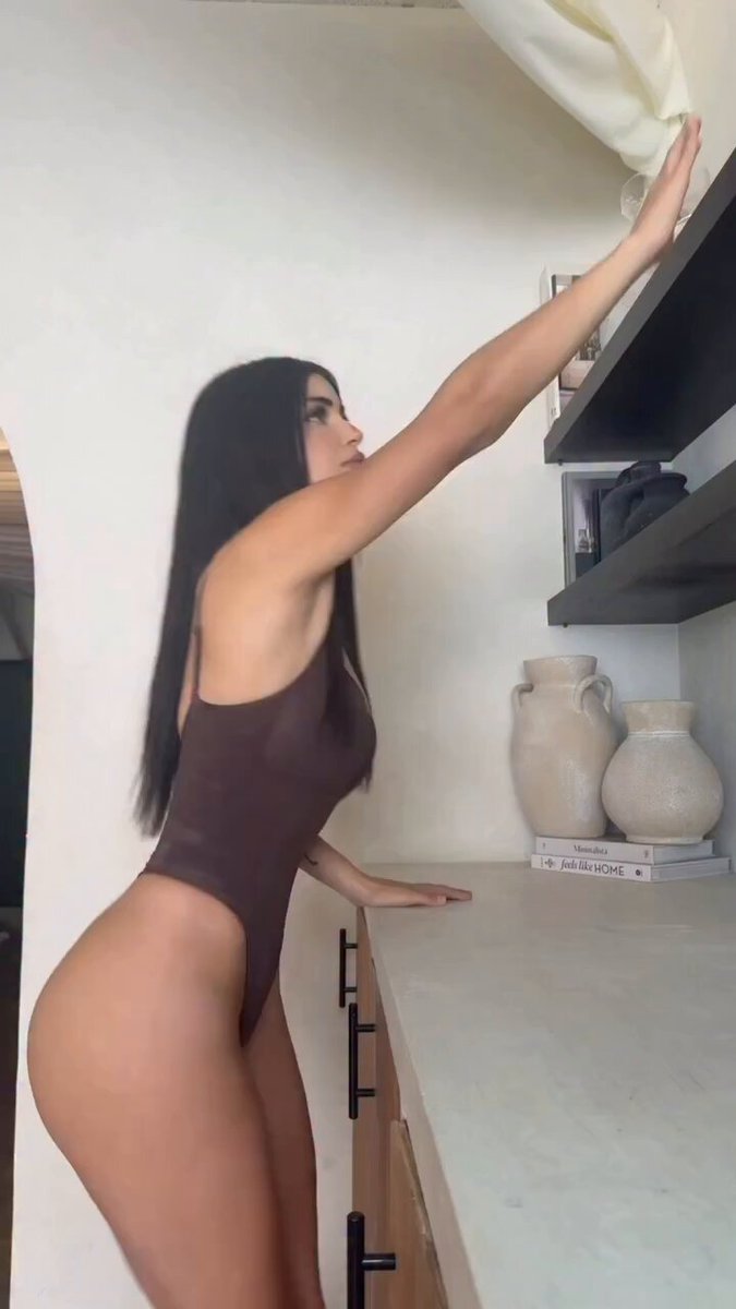 Brunette in a brown bodysuit in a kitchen (@TheAlinaRoseee)